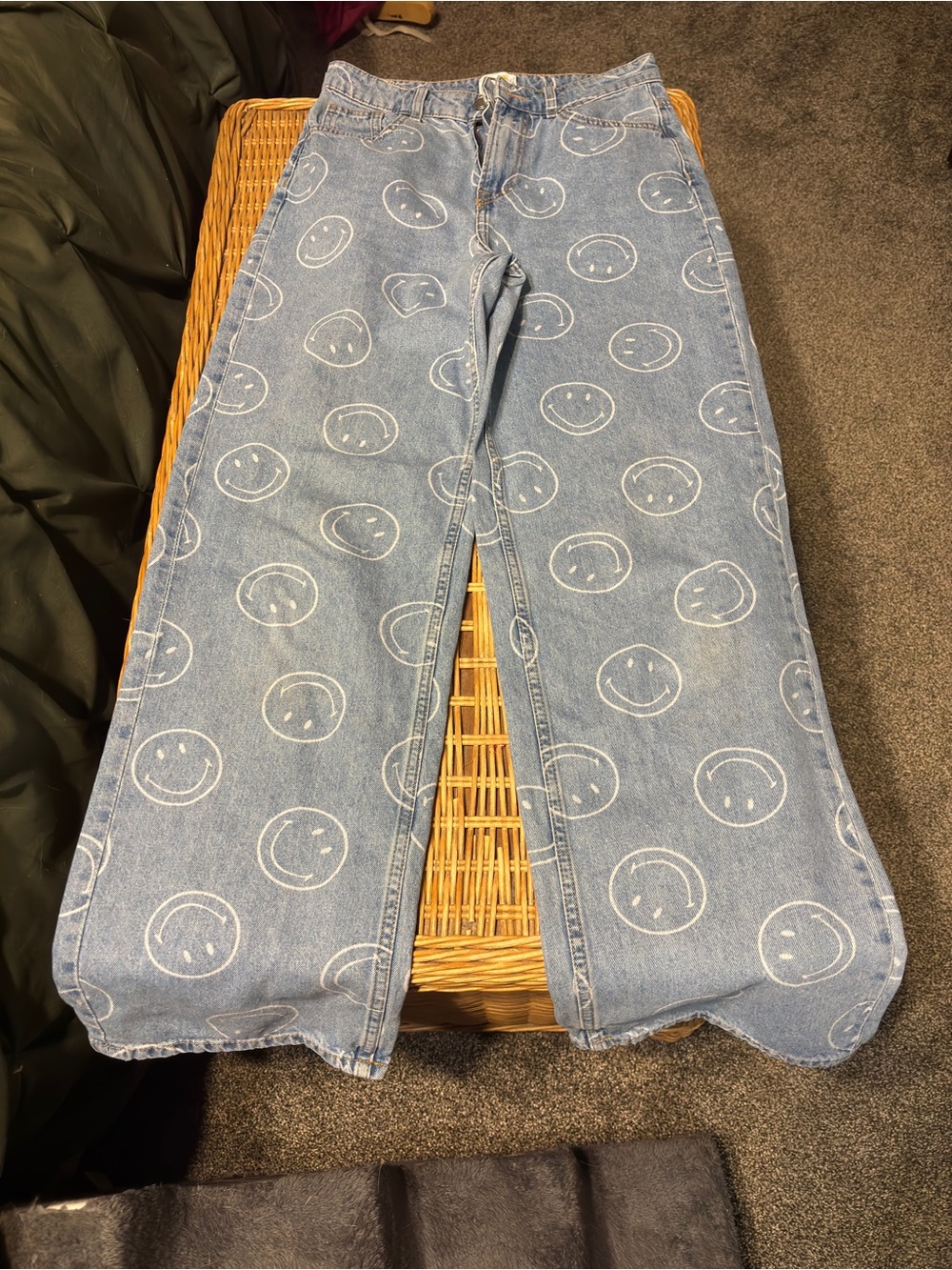 H&M Light Blue Denim Flare Jeans with Smiley Print